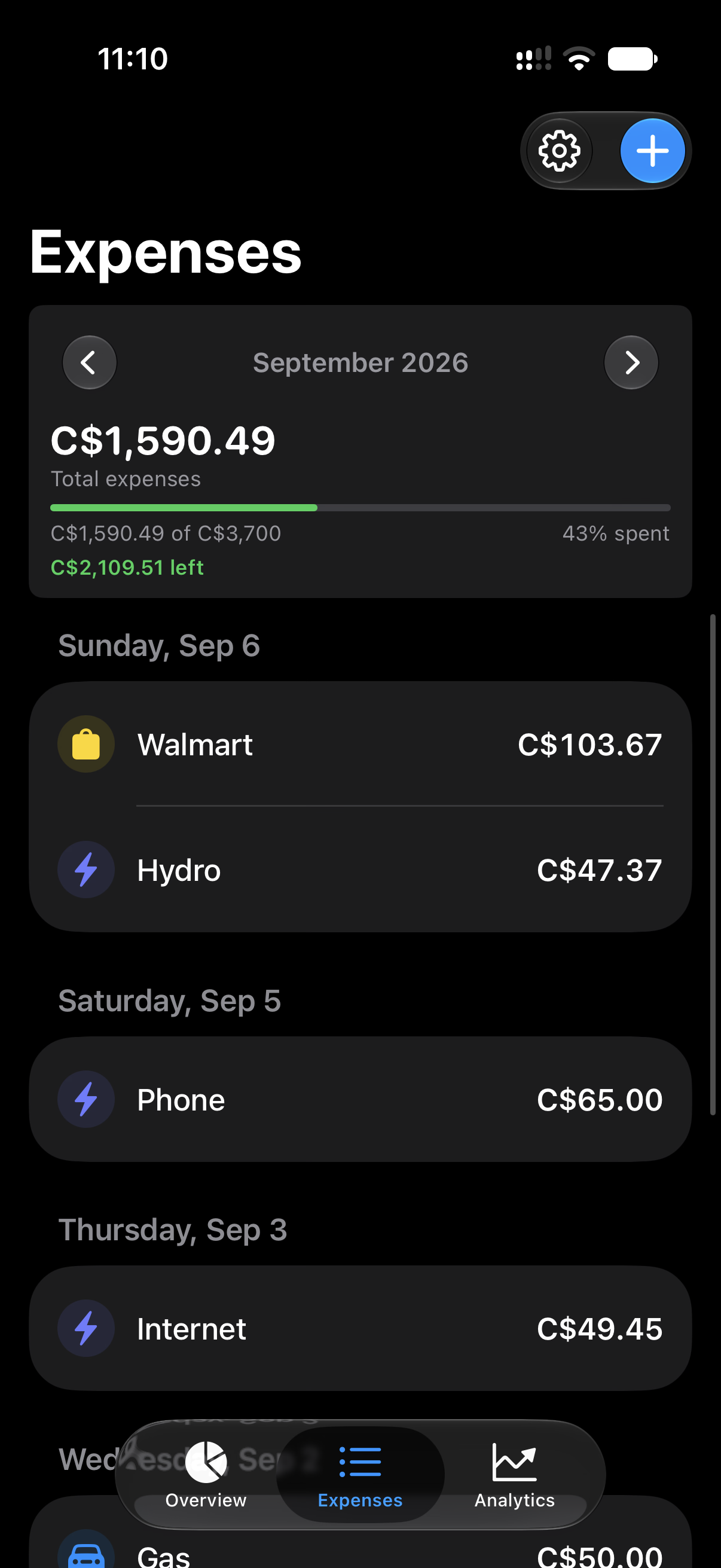 Left Expenses screen showing grouped expense entries.