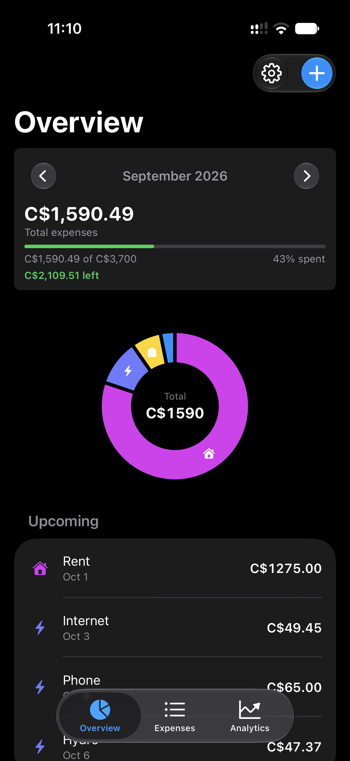 Left Overview screen showing monthly budget progress and category spending.