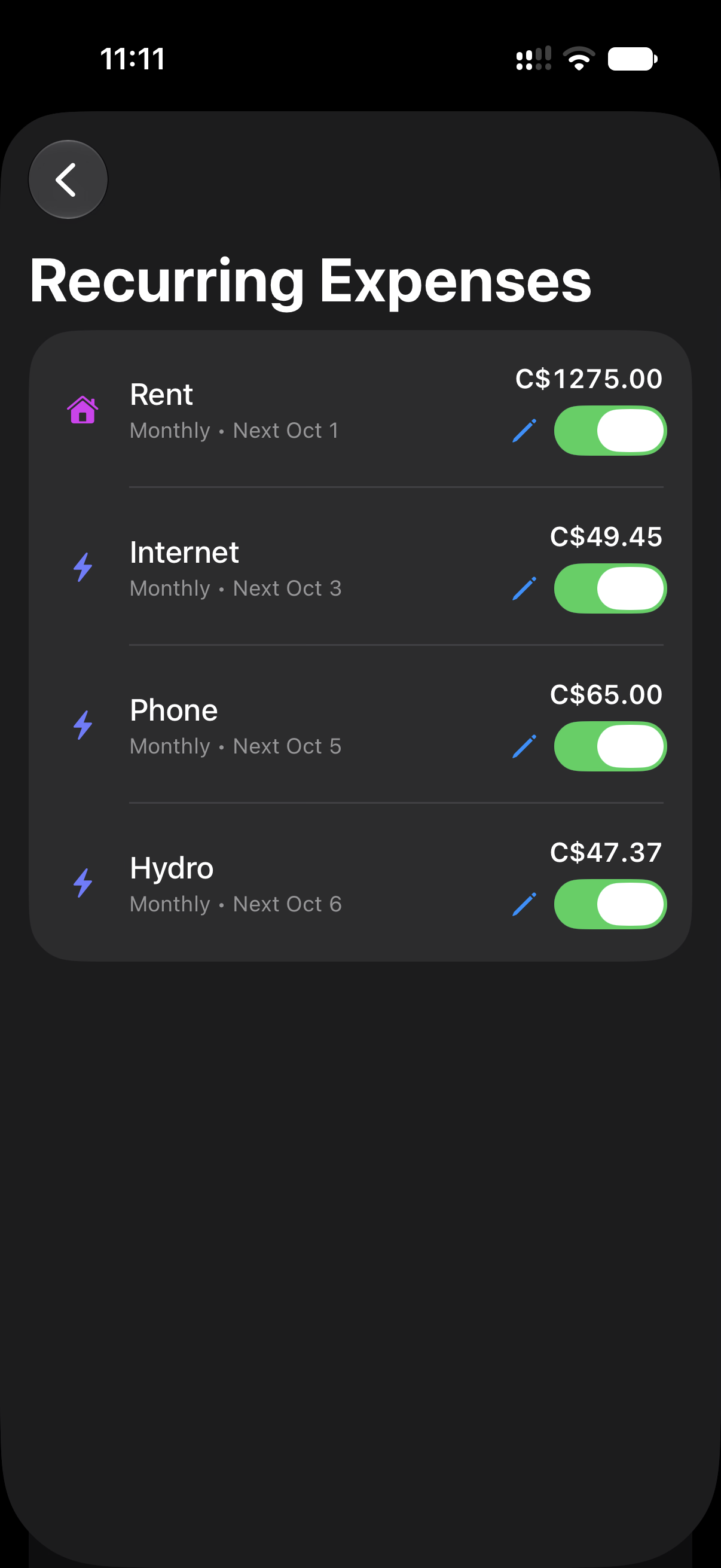 Left Recurring Expenses screen showing scheduled regular expenses.